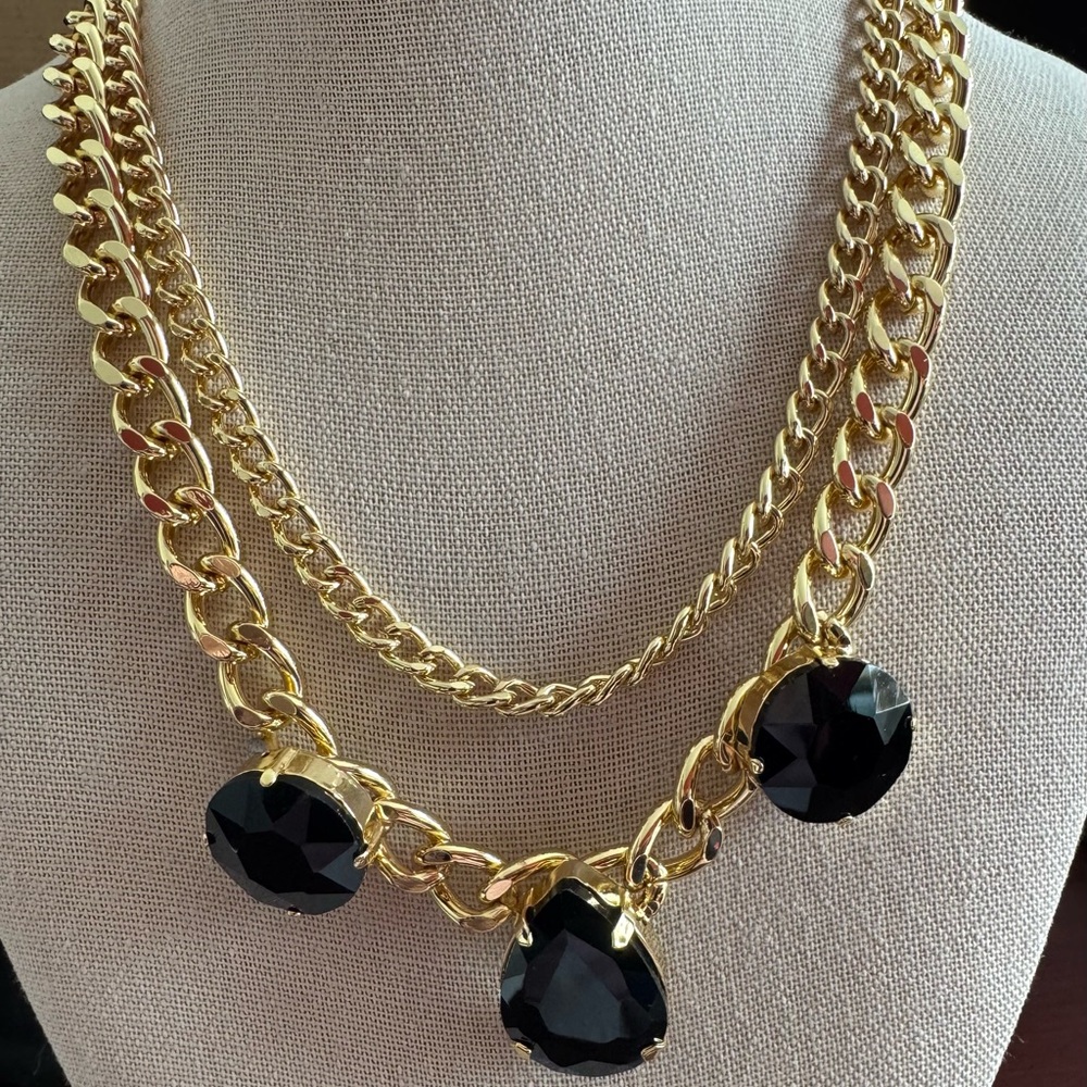 Park Lane  Gold Multi Chain Necklace w/ Bold Black Faceted Gems